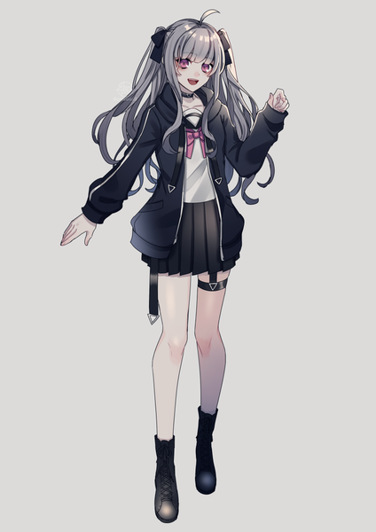 Anime picture 848x1200 with original umeno shii single long hair tall image fringe open mouth simple background purple eyes payot full body ahoge blunt bangs pleated skirt grey hair grey background open jacket two side up legs girl