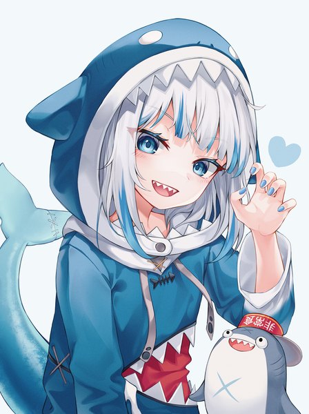 Anime picture 1500x2010 with virtual youtuber hololive hololive english gawr gura gawr gura (1st costume) bloop (gawr gura) myung yi single tall image looking at viewer short hair open mouth blue eyes simple background silver hair upper body tail nail polish :d multicolored hair