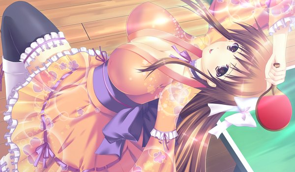 Anime picture 1024x600 with ping pong pantsu! yawaragi kanako single long hair breasts light erotic brown hair wide image large breasts brown eyes game cg japanese clothes girl thighhighs bow black thighhighs hair bow kimono obi