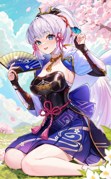 Anime picture 1568x2526 with genshin impact kamisato ayaka chen ying (alan-yut) single long hair tall image looking at viewer open mouth blue eyes sitting sky silver hair cloud (clouds) ponytail :d cherry blossoms wariza butterfly on hand girl insect