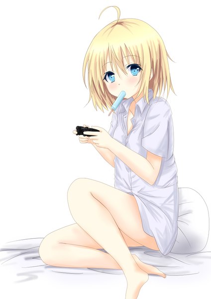 Anime picture 2893x4092 with original saku (kudrove) single tall image highres short hair blue eyes blonde hair simple background white background barefoot legs girl shirt