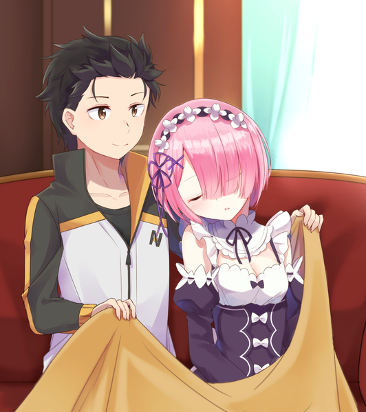 Anime picture 1025x1156 with re:zero kara hajimeru isekai seikatsu white fox ram (re:zero) natsuki subaru nemu mohu tall image blush fringe short hair breasts black hair smile sitting holding brown eyes pink hair cleavage ahoge upper body indoors