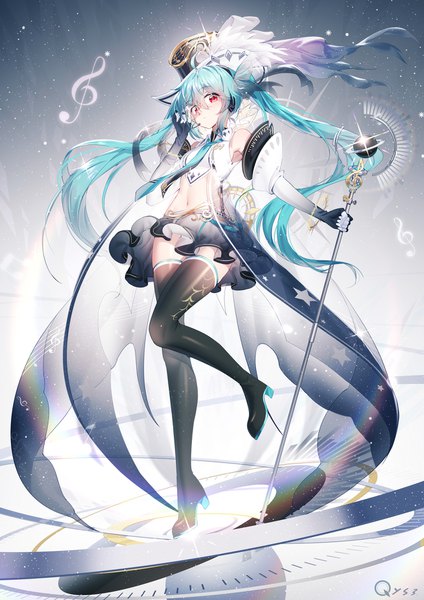 Anime picture 1308x1850 with vocaloid hatsune miku qys3 single long hair tall image looking at viewer blush fringe hair between eyes red eyes standing twintails holding signed payot full body bent knee (knees) head tilt aqua hair