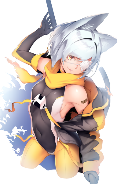 Anime picture 600x938 with original ryuji (ikeriu) single tall image fringe short hair light erotic simple background hair between eyes white background holding animal ears yellow eyes looking away silver hair tail parted lips animal tail arm up off shoulder