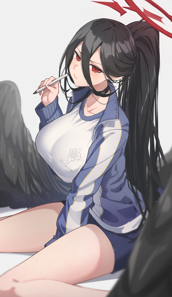 Anime picture 1104x1908 with blue archive hasumi (blue archive) hasumi (gym uniform) (blue archive) reulem single long hair tall image fringe breasts light erotic black hair simple background hair between eyes red eyes large breasts sitting ponytail grey background official alternate costume wariza