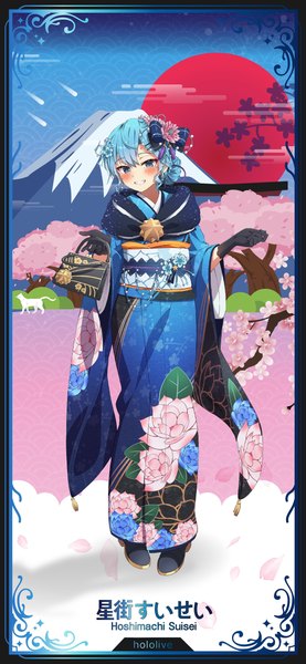 Аниме картинка 1290x2796 с виртуальный ютубер hololive hoshimachi suisei yuusha04 один (одна) высокое изображение смотрит на зрителя румянец чёлка короткие волосы голубые глаза улыбка стоя синие волосы всё тело традиционная одежда наклон головы японская одежда название копирайта имена персонажей