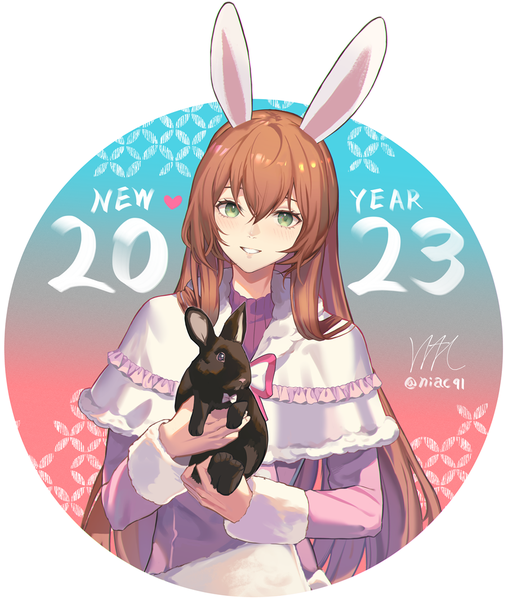 Anime picture 900x1066 with girls frontline m1903 springfield (girls frontline) niac single long hair tall image looking at viewer fringe smile hair between eyes brown hair holding green eyes signed animal ears upper body bunny ears twitter username grin border