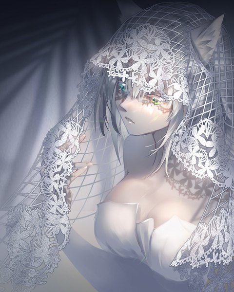 Anime picture 700x875 with arknights kal'tsit (arknights) mizukai single tall image fringe short hair breasts hair between eyes large breasts animal ears looking away cleavage silver hair from above heterochromia shaded face girl lace wedding veil