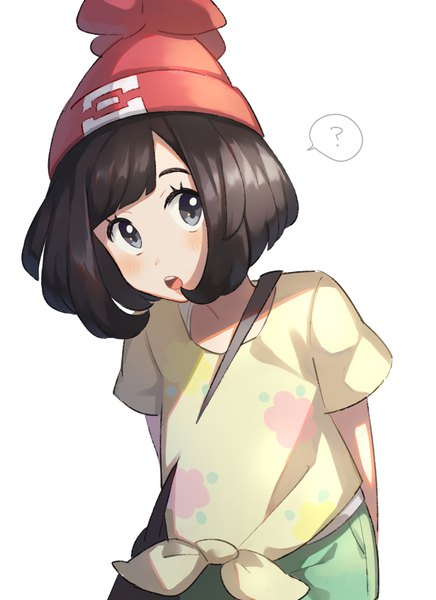 Anime picture 800x1100 with pokemon pokemon sm nintendo selene (pokemon) unapoppo single tall image looking at viewer blush fringe short hair open mouth black hair simple background white background upper body grey eyes front-tie top ? girl