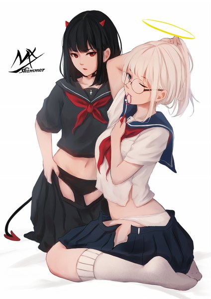 Anime picture 1240x1753 with original shimmer tall image looking at viewer short hair blue eyes light erotic black hair simple background red eyes white background sitting multiple girls holding signed full body white hair tail pleated skirt one eye closed