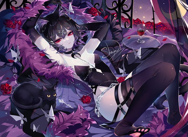 Anime picture 2000x1458 with original sheya single looking at viewer fringe highres short hair breasts light erotic black hair hair between eyes red eyes signed animal ears bent knee (knees) tail lying animal tail cat ears armpit (armpits)