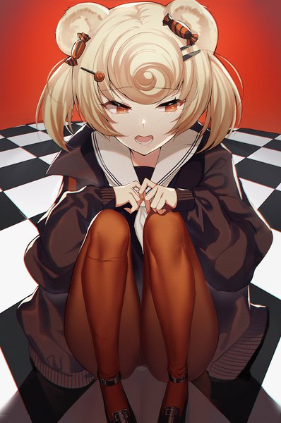 Anime picture 1000x1506 with arknights gummy (arknights) kernel killer single tall image short hair open mouth light erotic blonde hair red eyes sitting twintails animal ears looking away short twintails saliva checkered floor floor girl uniform