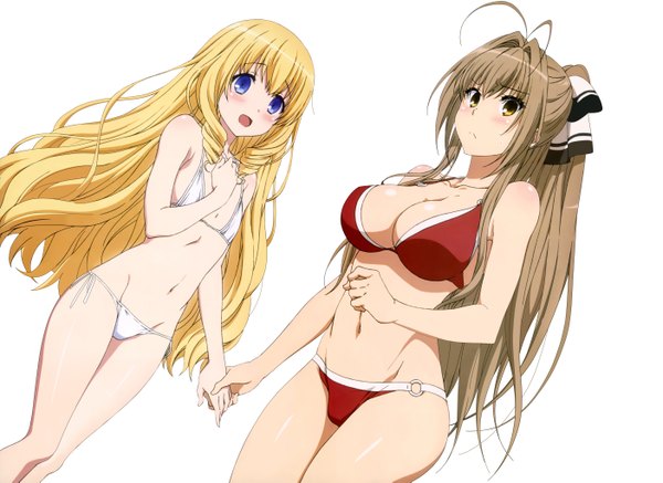 Anime picture 5610x4091 with amagi brilliant park kyoto animation sento isuzu latifa fleuranza long hair blush highres breasts blue eyes light erotic simple background blonde hair brown hair white background multiple girls brown eyes absurdres ponytail scan flat chest
