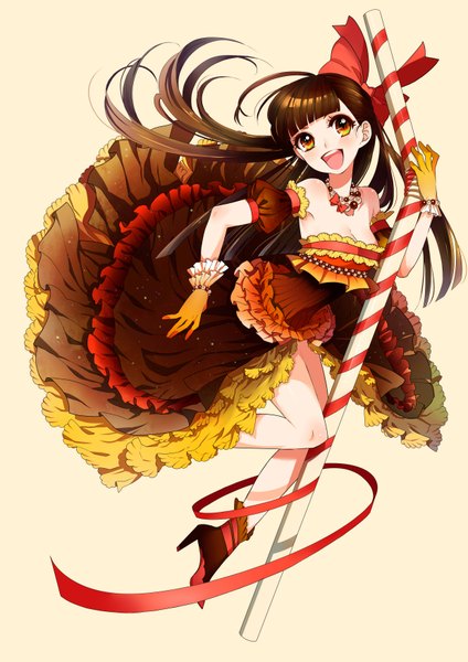 Anime picture 2480x3508 with yukijirushi yukiko-tan ateka (artist) single long hair tall image looking at viewer blush highres open mouth smile brown hair bare shoulders brown eyes cleavage happy minigirl girl dress gloves