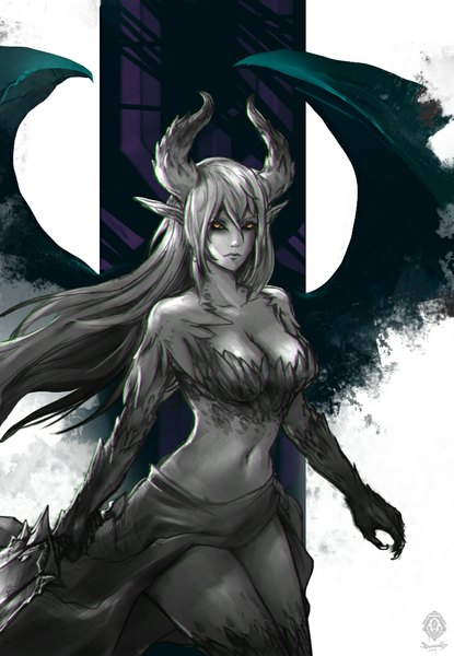 Anime picture 748x1080 with daemonstar (artist) single long hair tall image looking at viewer fringe light erotic holding yellow eyes horn (horns) lips pointy ears grey hair midriff demon girl demon wings grey skin girl navel weapon