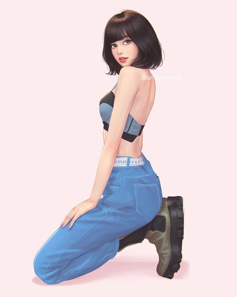 Anime picture 1000x1250 with blackpink lalisa manoban umigraphics single tall image looking at viewer fringe short hair black hair simple background bare shoulders brown eyes signed full body blunt bangs parted lips realistic mole midriff mole under eye