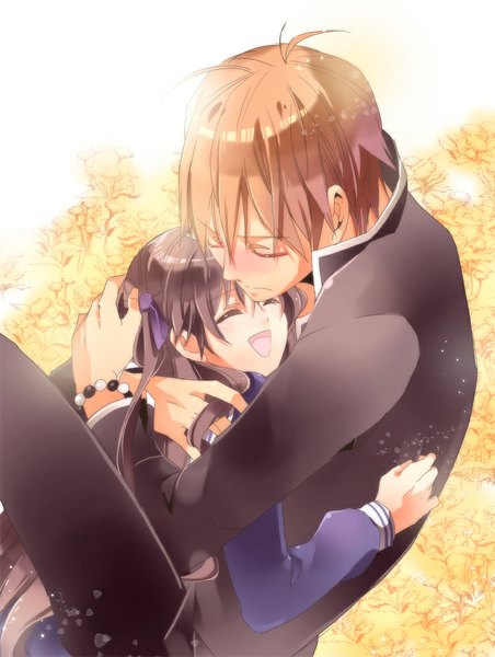 Anime picture 754x1000 with fruits basket studio deen honda tooru souma kyou hanei riri (artist) long hair tall image blush brown hair purple hair ahoge eyes closed from above hug happy girl boy uniform ribbon (ribbons) hair ribbon