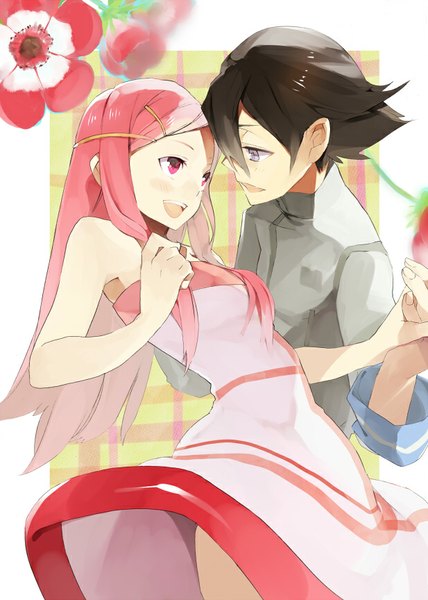 Anime picture 617x864 with eureka seven studio bones anemone dominic sorel hyakuhachi (over3) long hair tall image short hair open mouth purple eyes bare shoulders pink hair profile pink eyes couple holding hands face to face girl dress boy