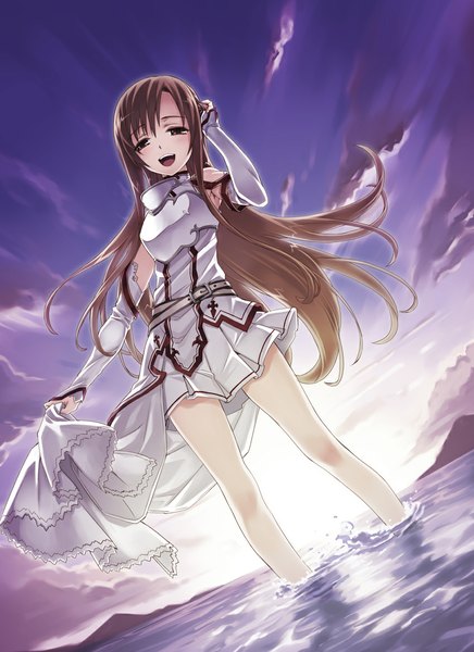 Anime picture 850x1169 with sword art online a-1 pictures yuuki asuna matsuryuu single long hair tall image looking at viewer brown hair brown eyes evening sunset girl dress detached sleeves water sea armor