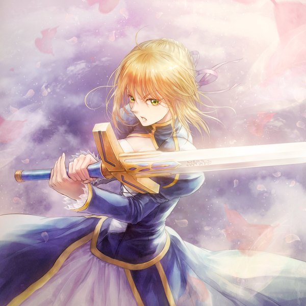 Anime picture 1600x1600 with fate (series) fate/zero type-moon artoria pendragon (all) saber lira mist single long hair looking at viewer fringe open mouth blonde hair holding yellow eyes cloud (clouds) from above wind sunlight puffy sleeves alternate hairstyle