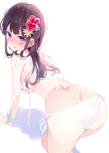 Anime picture 1000x1398 with original chikuwa. single long hair tall image looking at viewer blush breasts open mouth light erotic simple background brown hair white background purple eyes payot ass looking back hair flower shadow sweatdrop