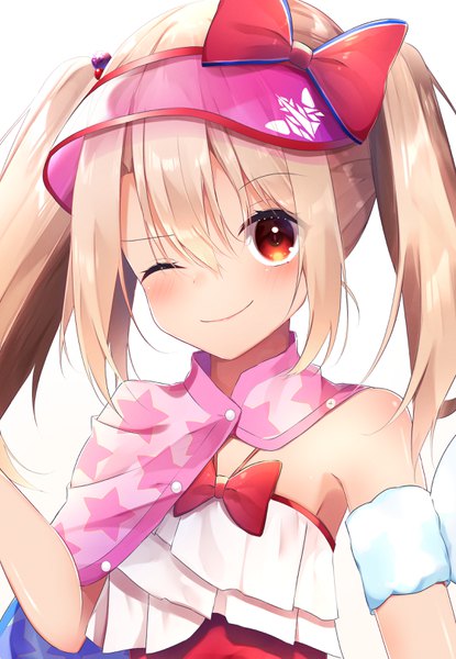 Anime picture 2168x3134 with fate (series) fate/grand order illyasviel von einzbern illyasviel von einzbern (swimsuit archer) (fate) suisen-21 single long hair tall image looking at viewer blush fringe highres simple background blonde hair smile hair between eyes red eyes white background twintails upper body