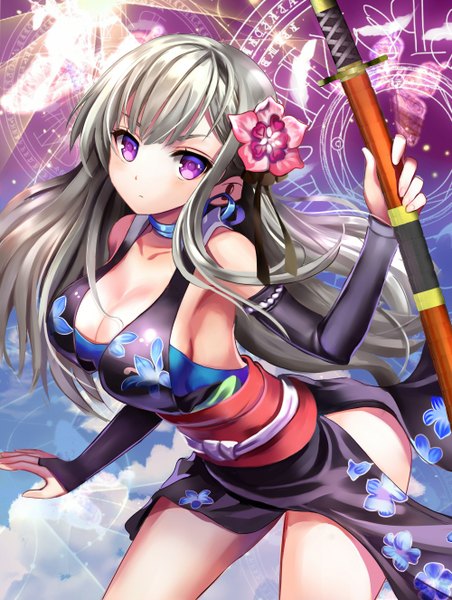 Anime picture 1000x1326 with original komidori long hair tall image looking at viewer blush breasts light erotic purple eyes bare shoulders cleavage silver hair hair flower girl hair ornament flower (flowers) weapon detached sleeves sword katana