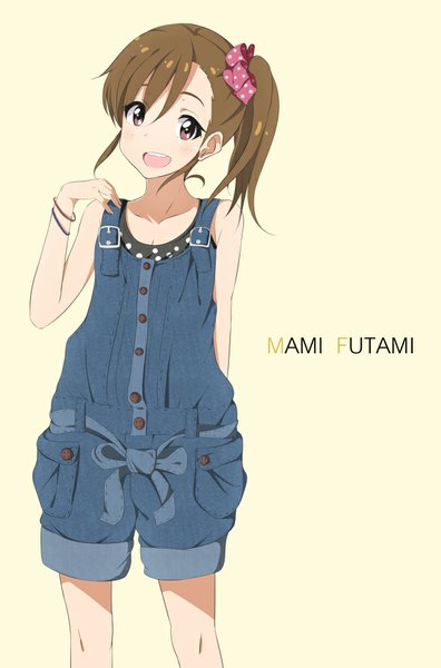 Anime picture 595x900 with idolmaster futami mami hitotsuki nanoka single tall image looking at viewer short hair open mouth simple background brown hair white background bare shoulders brown eyes ponytail :d character names side ponytail girl ribbon (ribbons) hair ribbon