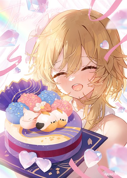Anime picture 1000x1406 with genshin impact lumine (genshin impact) apple caramel single tall image fringe short hair open mouth blonde hair hair between eyes upper body eyes closed text english ^ ^ ^o^ thank you girl ribbon (ribbons) food