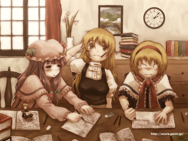 Anime picture 1600x1200 with touhou kirisame marisa patchouli knowledge alice margatroid shanghai hyuuga azuri highres mouth hold angry girl jealousy
