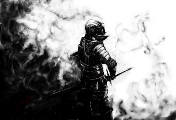 Anime picture 1750x1196 with original torishima (artist) single highres profile back monochrome demon fog boy weapon sword armor helmet