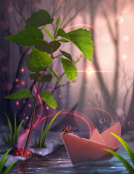 Anime picture 1696x2193 with original yakovlev-vad tall image sunlight blurry depth of field snow no people plant (plants) water leaf (leaves) insect bubble (bubbles) branch sun paper watercraft ship ladybug