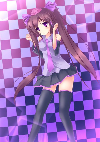 Anime picture 1764x2508 with touhou himekaidou hatate single long hair tall image blush highres brown hair purple eyes twintails checkered floor cosplay checkered checkered background hatsune miku (cosplay) girl hat detached sleeves miniskirt necktie