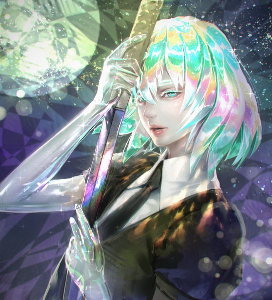 Anime picture 1098x1212 with houseki no kuni diamond (houseki no kuni) kaburagi yasutaka single tall image fringe short hair hair between eyes upper body parted lips multicolored hair aqua eyes realistic aqua hair sparkle androgynous weapon sword necktie katana