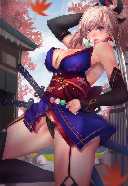 Anime picture 2325x3378 with fate (series) fate/grand order miyamoto musashi (fate) ctrlz77 single long hair tall image looking at viewer fringe highres breasts blue eyes light erotic hair between eyes large breasts standing holding pink hair cleavage bent knee (knees)