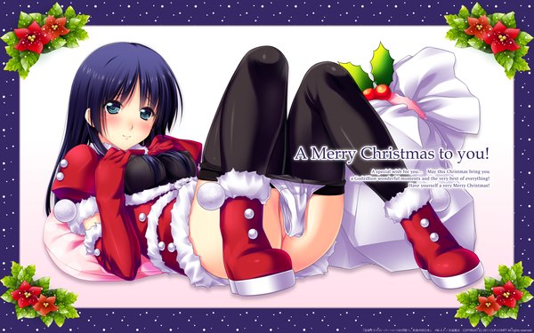 Anime picture 1920x1200 with amasaka takashi single long hair looking at viewer blush highres blue eyes light erotic smile wide image blue hair legs fur trim christmas merry christmas girl gloves underwear panties flower (flowers)