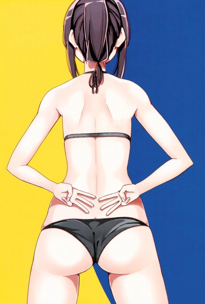 Anime picture 1500x2226 with harukana receive tooi narumi nyoijizai single tall image short hair light erotic black hair simple background standing bare shoulders payot ass ponytail from behind official art back blue background hands behind back yellow background