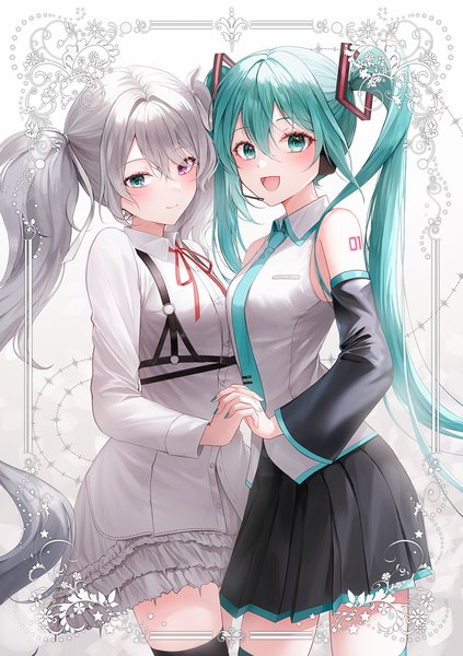 Anime picture 1000x1420 with project sekai vocaloid hatsune miku 25-ji miku 723/nanahumi tall image looking at viewer fringe open mouth hair between eyes standing twintails multiple girls silver hair very long hair :d aqua eyes aqua hair heterochromia framed