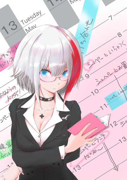 Anime picture 1158x1637 with azur lane admiral graf spee (azur lane) p.i.t.d single tall image looking at viewer blush fringe short hair breasts blue eyes hair between eyes holding cleavage upper body white hair red hair nail polish head tilt multicolored hair