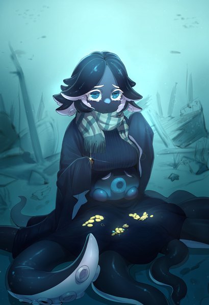 Anime picture 2076x3040 with cookie run squid ink cookie jdw single tall image highres short hair blue eyes black hair tears underwater monster girl tentacle hair black skin girl scarf tentacles gold striped scarf