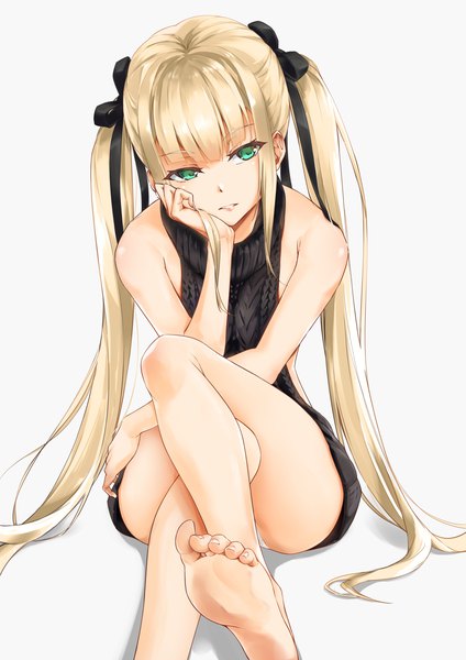 Anime picture 1280x1810 with original bitterpain single long hair tall image fringe light erotic simple background blonde hair white background sitting twintails bare shoulders green eyes payot looking away bent knee (knees) blunt bangs parted lips head tilt