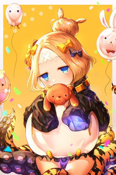 Anime picture 1000x1500 with fate (series) fate/grand order abigail williams (fate) fou (fate) medjed kh (kh 1128) single long hair tall image looking at viewer blush blue eyes simple background blonde hair sitting holding head tilt hair bun (hair buns) border covered mouth