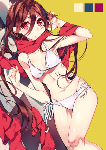 Anime picture 767x1083 with original kureaki (exit) single long hair tall image looking at viewer light erotic red eyes brown hair lying bare belly on side checkered floor floor girl navel scarf side-tie bikini clothes