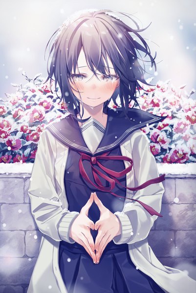 Anime picture 2742x4096 with original visions oshio (dayo) single tall image blush highres short hair black hair outdoors wind black eyes tears looking down snowing winter snow fingers together girl uniform