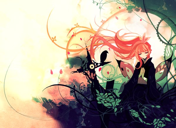 Anime picture 1400x1015 with original nanomortis (artist) single long hair sitting red hair eyes closed long sleeves insect wings butterfly wings girl ribbon (ribbons) plant (plants) hair ribbon petals wings