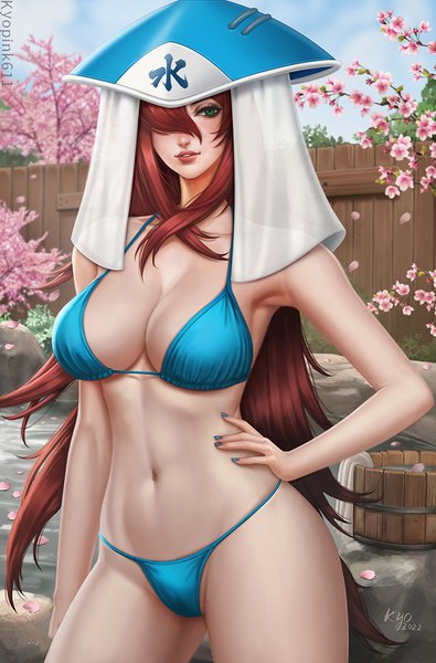 Anime picture 750x1139 with naruto studio pierrot naruto (series) mei terumi (mizukage) kyopink single long hair tall image blush fringe breasts light erotic large breasts standing green eyes signed looking away sky cleavage outdoors