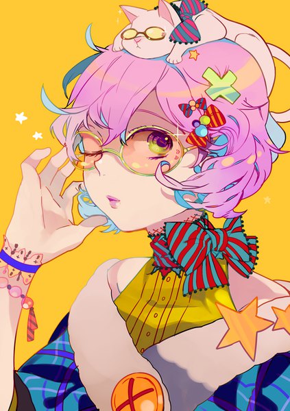 Anime picture 600x851 with original flowerchorus single tall image short hair simple background green eyes pink hair one eye closed lipstick portrait yellow background pink lipstick animal on head adjusting sunglasses cat on head girl hair ornament bow animal