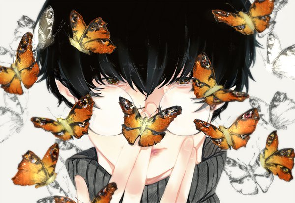 Anime picture 950x653 with original meiya1230 single looking at viewer fringe short hair black hair hair between eyes black eyes close-up face adjusting glasses boy glasses insect butterfly turtleneck