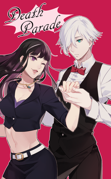 Anime picture 800x1278 with death parade madhouse decim (death parade) kurokami no onna yayata (884) long hair tall image fringe short hair open mouth black hair simple background smile purple eyes green eyes looking away silver hair one eye closed wink hair over one eye