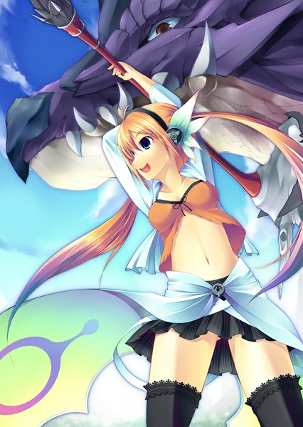 Anime picture 727x1024 with original yoshino ryou long hair tall image open mouth blue eyes blonde hair twintails midriff girl thighhighs skirt navel weapon black thighhighs headphones dragon scythe
